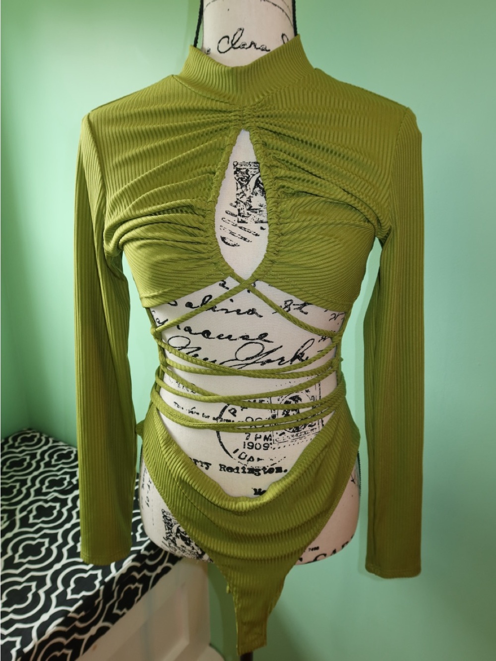 Fashion Nova Olive Green Ribbed Cutout Wrap-Front Long Sleeve bodysuit